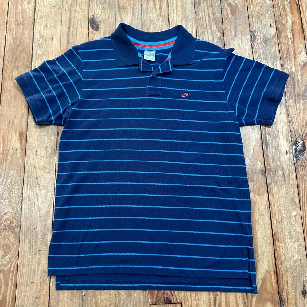 VTG Y2K Nike Polo Shirt Mens Large Blue‎ Striped Streetwear Skater Hip Hop